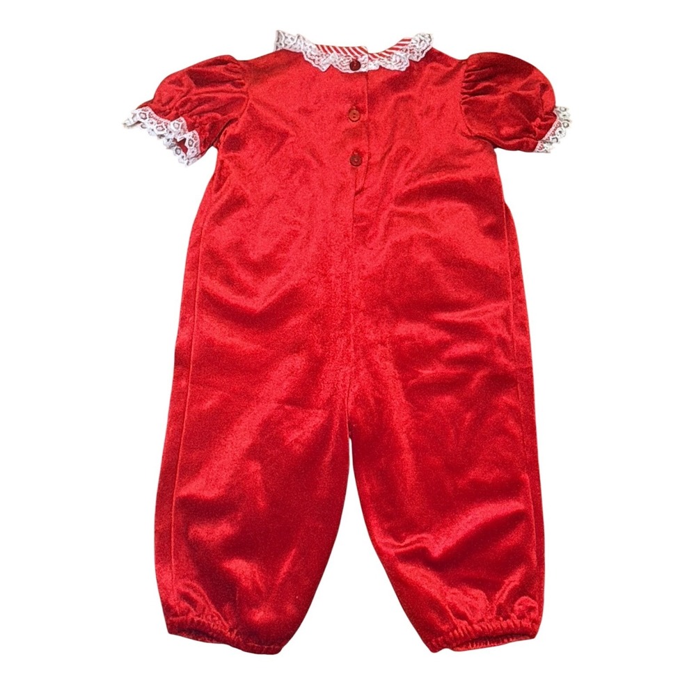 Vintage Evy Red Velvet Baby Romper Candy Stripe Infant Holiday Outfit Lace Sz 3M - Picture 2 of 7